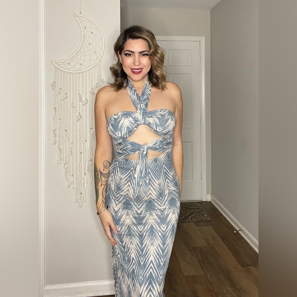 Elegant Blue and White Halter Dress